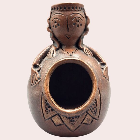 Other - Vintage Signed Terracotta Folk Art Handcrafted Clay Incense Burner Female Figure